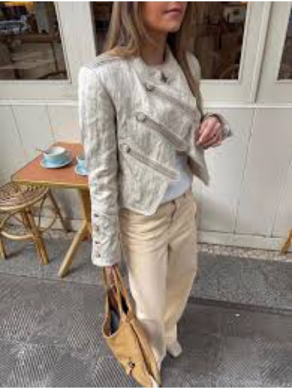 Zara Cream Quilted Double-Breasted Cropped Jacket